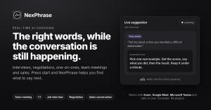 NexPhrase logo with the headline The right words, while the conversation is still happening, and a live suggestion card for a job interview