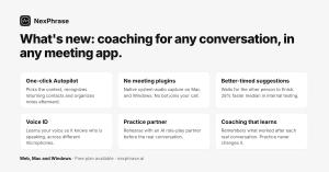 NexPhrase feature card listing six new features: one-click Autopilot, no meeting plugins, better-timed suggestions, Voice ID, practice partner, coaching that learns