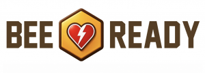 BeeReady logo with dark brown lettering and a red heart with a white lightning bolt inside a yellow hexagon.