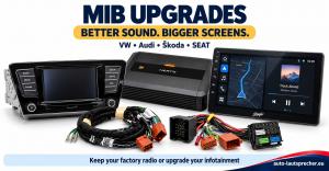 Factory radio, Hertz amplifier, Stinger touchscreen and 52-pin wiring harnesses illustrating MIB audio and infotainment upgrades.