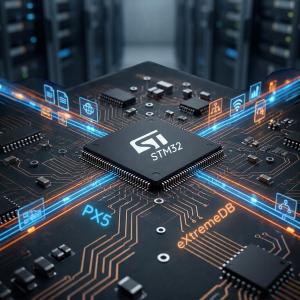 Image is a computer board with an STMicroelectronics chip using eXtremeDB/rt and PX5 RTOS