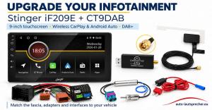 Stinger iF209E touchscreen with CT9DAB receiver, windscreen antenna, Quadlock wiring harness, diversity antenna adapter and fused power lead.
