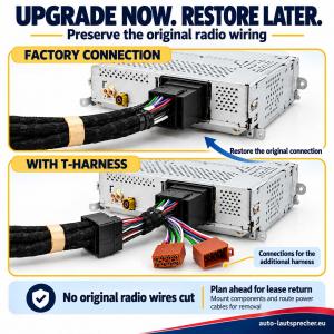 Factory radio wiring compared with an inserted T-harness: one connection to the radio, one to the vehicle plug and two free brown connectors for an additional harness.