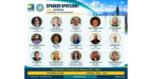 Speaker Spotlight graphic for the 2026 NYSACC Conference on the Environment, showing 15 speakers from DSNY, Closed Loop Partners, Helpsy, Rego, MTA, WeRadiate, RecycleGO, SUNY ESF, AMP, Reju, Stony Brook University, Syracuse University, NYS DEC and Circul