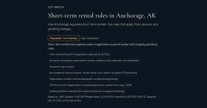 ASTRO City Watch page for Anchorage, Alaska: a painted city portrait of downtown and the Chugach Mountains, a Regulated, low intensity rating, and the city's registration rules with the ordinance cited