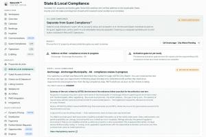 ReturnOS State and Local Compliance screen showing ASTRO's City Watch summary of Anchorage's short-term rental registration rule, with a link to the cited primary source