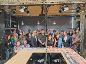 Members of The John C. Hench Foundation (center) with LACHSA student artists, teachers and administration as well as special guests and members of the LACHSA Foundation stand together at the ribbon cutting on May 15, 2026. (Photo by LACHSA Foundation)