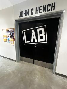 The entrance door to the John C. Hench Lab is captured creating a new learning lab for LACHSA's student artists in the Design and Production CTE program.