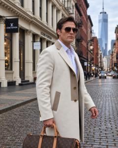 Terrik Saint Claire wearing a cream overcoat and sunglasses, holding a travel bag on a cobblestone city street.