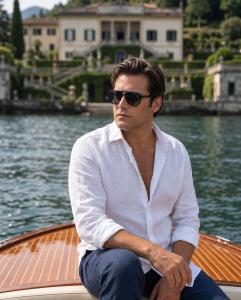 Terrik Saint Claire seated on a wooden boat, wearing a white linen shirt and dark sunglasses.