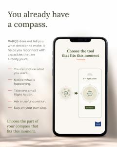 PARQS Compass promotional graphic with the heading “You already have a compass.” Five self-trust capacities appear beside a smartphone displaying the Right Action practice selection and Begin Practice button.
