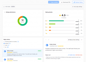 Omakase MEO screen showing Google review ratings and an AI-drafted reply