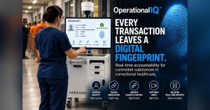 Illustrative image of a healthcare professional with a medication cart inside a correctional facility, featuring SPECTROM OperationalIQ™ and the headline “Every Transaction Leaves a Digital Fingerprint.”