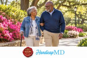 AI-generated older couple walking with a cane on a Raleigh garden path, illustrating North Carolina disability parking guidance.