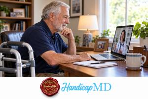 AI-generated older man attending a telehealth visit at home, with HandicapMD branding for North Carolina handicap placard guidance.