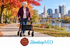 AI-generated older woman using a rollator on an autumn park path in Columbus, with HandicapMD disability parking branding.