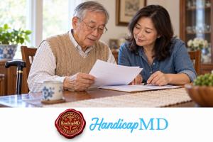 AI-generated older man and companion reviewing Ohio handicap placard paperwork, with HandicapMD logo and red seal.