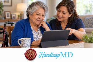 AI-generated older woman and caregiver reviewing health information, illustrating HandicapMD’s qualifying conditions resource center.