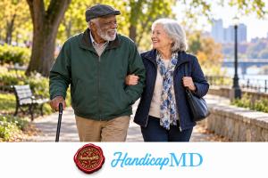 AI-generated older adults walking with a cane in a park, illustrating national handicap placard eligibility resources from HandicapMD.