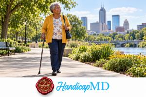AI-generated older woman walking with a cane in Indianapolis, with HandicapMD logo and Disability Placards seal.