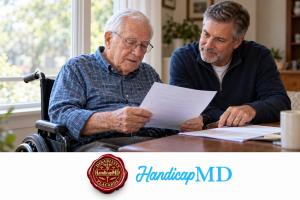 AI-generated older wheelchair user and son reviewing Indiana disability parking paperwork, with HandicapMD logo and red seal.