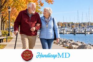 AI-generated older couple walking with a cane on a Michigan lakeside promenade, with HandicapMD logo and red seal.