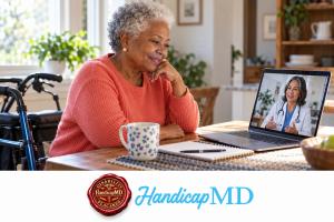 AI-generated older woman attending a home telehealth visit for Michigan handicap placard guidance, with HandicapMD branding.