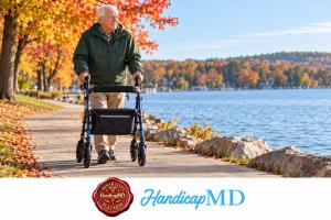 AI-generated older man using a rollator beside a Wisconsin lake, with HandicapMD logo and Disability Placards red seal.