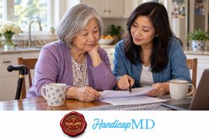 AI-generated older woman and daughter reviewing Wisconsin disability parking paperwork, with HandicapMD logo and red seal.