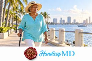 AI-generated older woman walking with a cane on a Florida waterfront promenade, with HandicapMD logo and red seal.