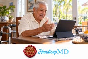 AI-generated older man attending a telehealth visit at home, illustrating Florida handicap placard guidance from HandicapMD.
