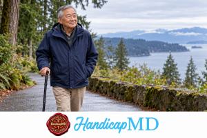 AI-generated older man walking with a cane beside evergreens and Puget Sound, illustrating Washington State disability parking guidance.