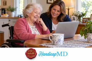 AI-generated older wheelchair user and caregiver during a home telehealth visit, with HandicapMD branding for Washington State.