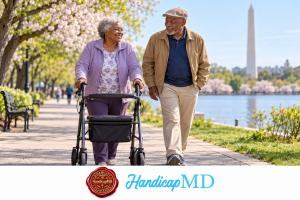 AI-generated older couple using a rollator near the Washington Monument, illustrating Washington, DC disability parking guidance.
