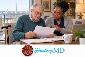 AI-generated older man and caregiver reviewing Washington, DC handicap placard paperwork, with HandicapMD logo and red seal.