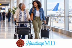 AI-generated older traveler using a rollator at an airport, with HandicapMD logo and Disability Placards seal.