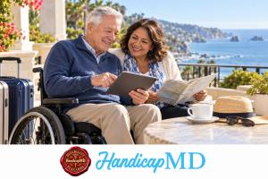 AI-generated wheelchair user and companion planning an accessible trip at a hotel, with HandicapMD logo and red seal.