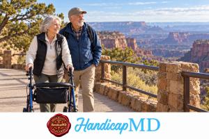 AI-generated older visitors with a rollator at a canyon overlook, with HandicapMD logo and Disability Placards seal.