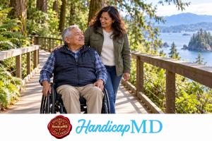 AI-generated wheelchair user and companion on a forest boardwalk, with HandicapMD logo and Disability Placards seal.