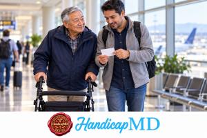 AI-generated traveler using a rollator and companion reviewing an airport communication note, with HandicapMD logo and Accessible Travel seal.