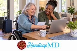 AI-generated wheelchair user and friend preparing travel information at home, with HandicapMD logo and Accessible Travel seal.