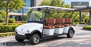 NAVEO 6+2-seater electric buggy with brown seats.