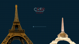 Illustration comparant la silhouette de la Tour Eiffel à gauche à une recomposition du Sphinx et d’un obélisque à droite, sur fond bleu sombre.