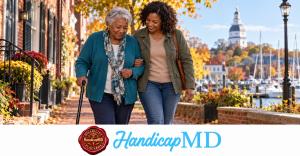 AI-generated image of an older woman walking with a cane in Annapolis; HandicapMD Maryland placard guide with logo and red Disability Placards seal.