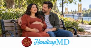 AI-generated image of a pregnant woman resting beside her partner in Sacramento; HandicapMD California pregnancy placard guide with logo and red Disability Placards seal.