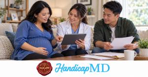 AI-generated image of a pregnant woman discussing paperwork with a clinician and partner; HandicapMD California pregnancy placard guide with logo and red Disability Placards seal.