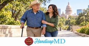 AI-generated image of an older man using a cane near the Texas Capitol; HandicapMD Texas placard guide with logo and red Disability Placards seal.