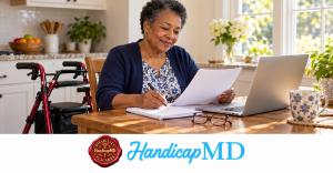 AI-generated image of a woman preparing application notes beside a laptop and walker; HandicapMD Texas placard guide with logo and red Disability Placards seal.