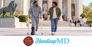 AI-generated image of a man using crutches and a walking boot near a museum; HandicapMD Fracture placard guide with logo and red Disability Placards seal.