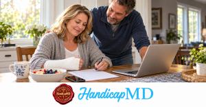 AI-generated image of a woman with a wrist cast reviewing paperwork with a companion; HandicapMD Fracture placard guide with logo and red Disability Placards seal.